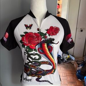 Women's Black and White Jersey with Snake and Rose Design